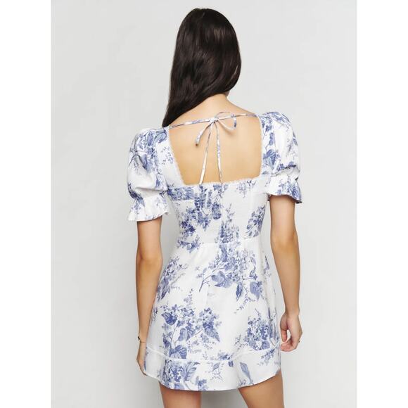 REFORMATION Evianna Linen Blue & White Toile Puff Sleeve Mini Dress US 10 NWT - Picture 6 of 14